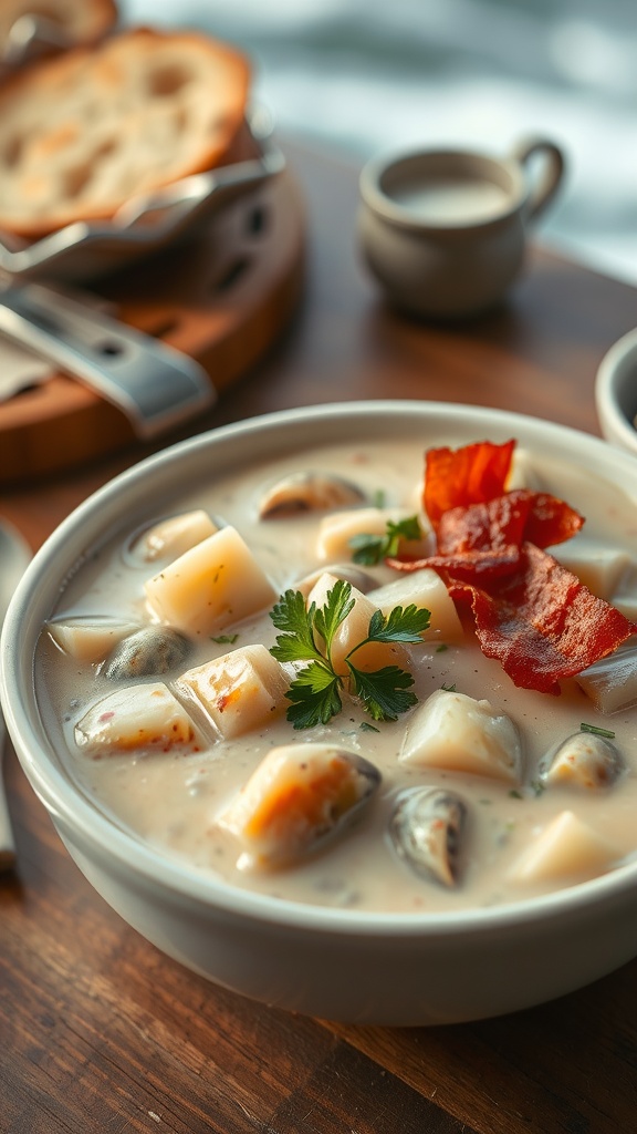A bowl of clam chowder with bacon and parsley, alongside a slice of bread on a wooden table, with a coastal backdrop.